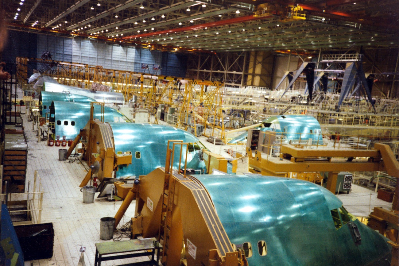 The Boeing plant in Everett near Seattle, whole aircraft fuselages standing in the enormous hall