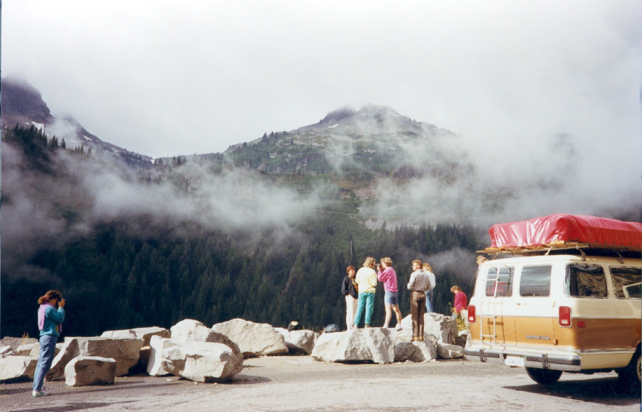 Photo stop at Mount Rainier, our van in the fog on the pass road