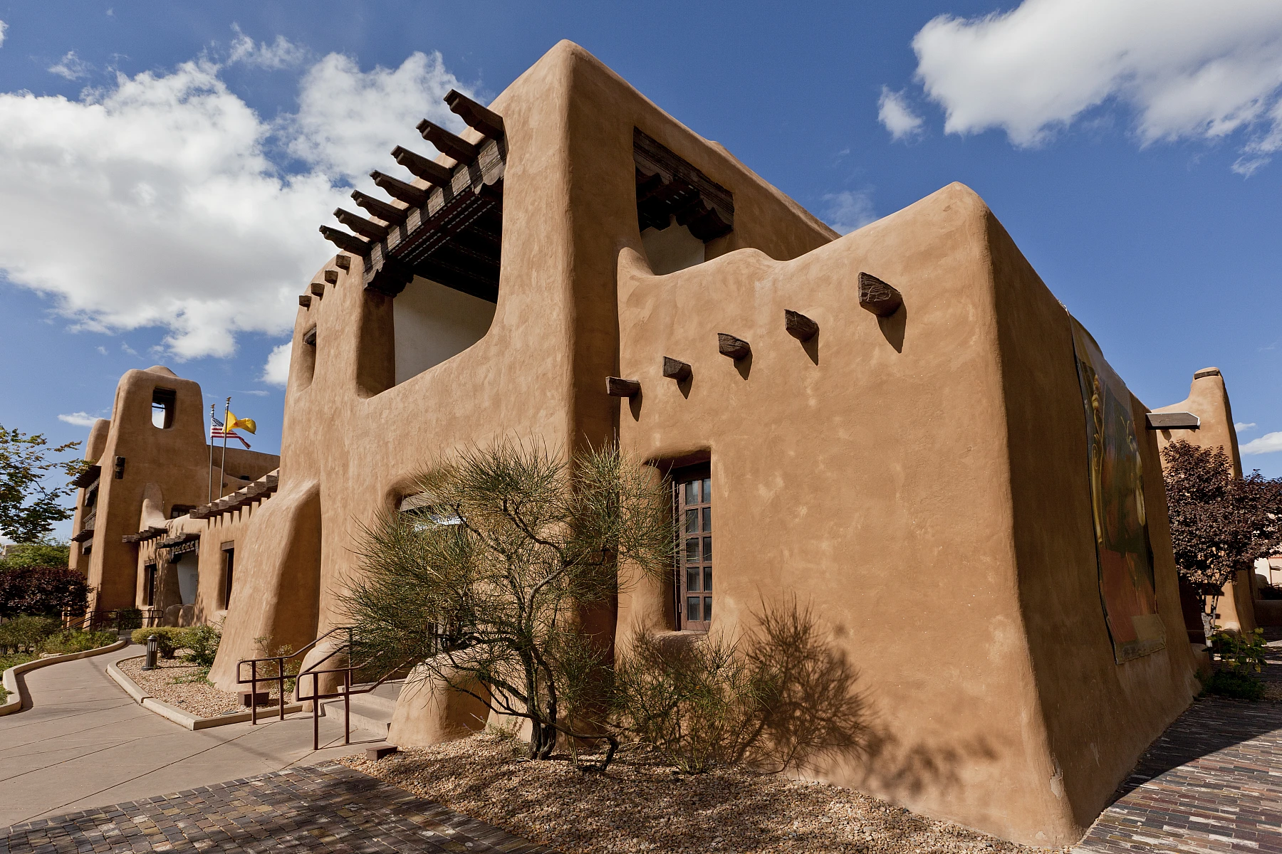 Earth-colored adobe architecture shapes the cityscape of Santa Fe.